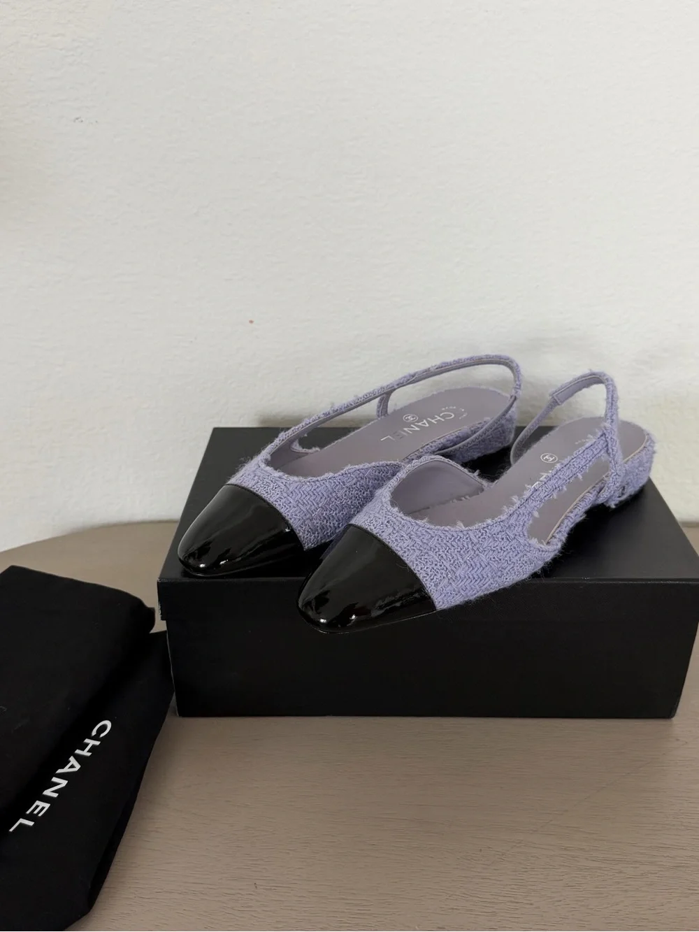 CHANEL Lavender Bouclé Slingback Flats with Black Patent Cap Toe Sz 38 - Picture 1 of 10